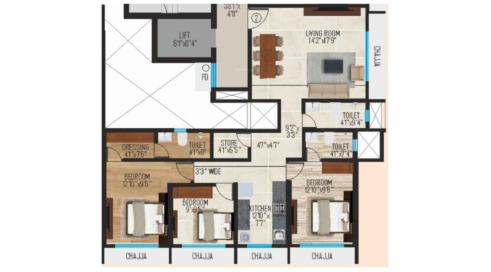 Ipsit-Anand-Mangal-Floor-Plan-3-BHK-981-Sqft